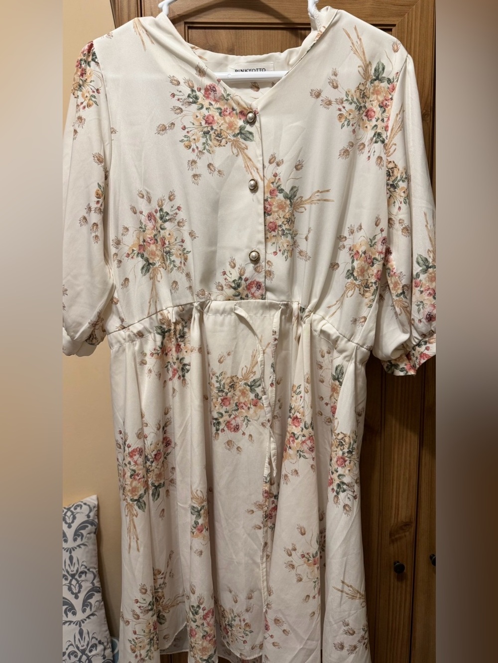 Pinkyotto Ivory Floral Puff Sleeve Drawstring Waist Mini Dress - Picture 5 of 8